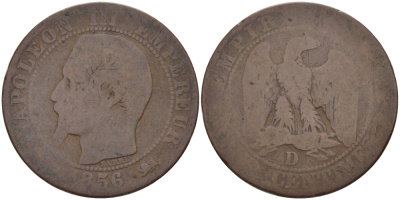ФРАНЦИЯ 5 САНТИМОВ 1856 D, НАПОЛЕОН III (1852-1870), LARGE D KM 777.4, LA RFANC 116.33 бронза 28-713