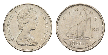 Канада 10 центов 1971 Елизавета II (1952-2022), парусник KM 77 никель 4639-623