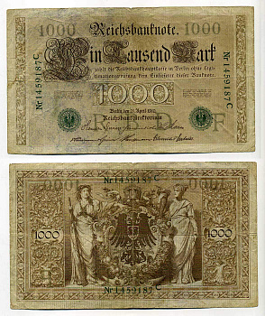 Германия 1000 марок 1910 зеленая печать, 7 значный номер Pick 45 b  бумага   8610-45-1-1