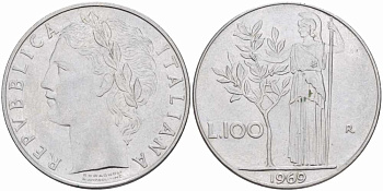 ИТАЛИЯ 100 ЛИР 1969 R, АФИНА KM 96.1 нержавеющая сталь 63-217