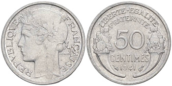 ФРАНЦИЯ 50 САНТИМОВ 1941 ТИП MORLON LOURDE KM 894.1a, LE FRANC 193.2 алюминий 44-239