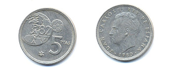Испания 5 песет 1982 чемпионат мира по футболу 1982 KM 817 медно-никель 54-1846