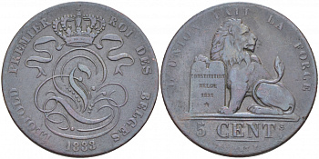 Бельгия 5 сантимов 1833 BELGES KM 5.1 медь 4127-243