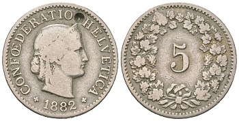 Швейцария 5 раппенов 1882 B KM 26 медно-никель 4189-1016