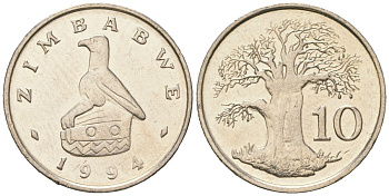 Зимбабве 10 центов 1994 птица-идол, баобаб KM 3 медно-никель UNC 4615-1151
