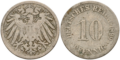 Германия 10 пфеннигов 1899 D J. 13,  KM 12 медно-никель    4603-555