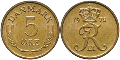 ДАНИЯ 5 ЭРЕ 1972 C; S, ФРЕДЕРИК IX (1947-1972) KM 848.2 бронза 28-1057
