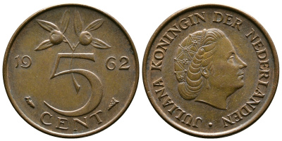 НИДЕРЛАНДЫ 5 ЦЕНТОВ 1962 ЮЛИАНА KM 181 бронза 177-812