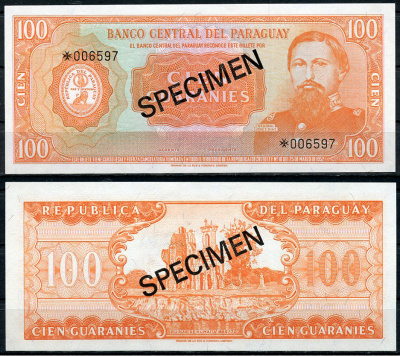 Парагвай 100 гуарани 1952 (1963) Хосе Эдувихис Диас, "Образец". С диагональной надпечаткой слова "Specimen" Pick 199 b s  бумага  UNC (пресс) 451-720-2