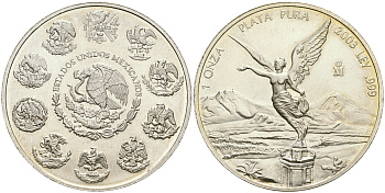 Мексика 1 онза 2003 Mo, серебряная инвестиционная монета "Свобода" KM 639 серебро    1080-10-23