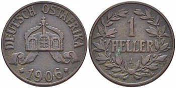 Немецкая Восточная Африка (Танзания) 1 геллер 1906 A, Ost-Africa Jaeger 716, KM 7 бронза 4448-431