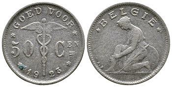 БЕЛЬГИЯ 50 САНТИМОВ 1923 BELGIE KM 88 никель 4379-322