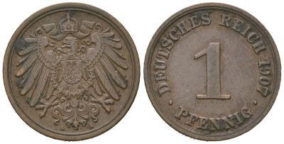 Германия 1 пфенниг 1907 A, Вильгельм II (1888-1918) KM 10, J. 10, Weege 2 медь 4615-224