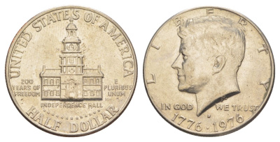 США 1/2 доллара (50 центов) 1976 D, 200 лет независимости, Джон Кеннеди KM 205 медь плакированная медно-никелем aUNC 4545-746