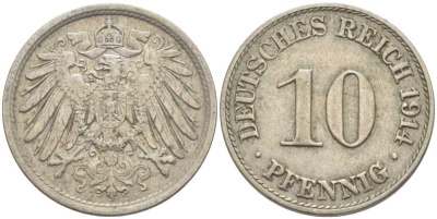 ГЕРМАНИЯ 10 ПФЕННИГОВ 1914 А KM 12, J. 13 медно-никель 210-715