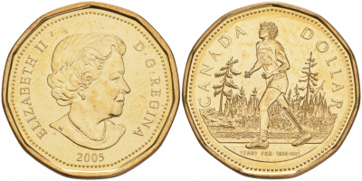 Канада 1 доллар 2005 25 лет марафону надежды, Терри Фокс KM 552 никель плакированый бронзой UNC M45-20