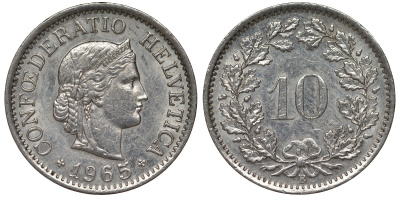 Швейцария 10 раппенов 1965 B KM 27 медно-никель 4128-722