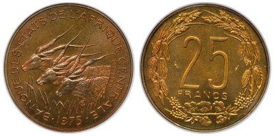 Валютный союз стран центральной Африки 25 франков 1975 проба, essai, слаб ANACS, грейд MS 67 KM E4 (KM 10) алюминиевая бронза UNC 1-4-4-13