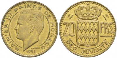 Монако 20 франков 1951 Ренье III (1949-2005) KM 131 алюминиевая бронза 4402-645