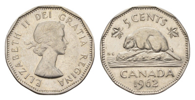 Канада 5 центов 1962 Елизавета II (1952-2022), бобр KM 50a никель 4643-616