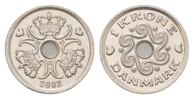 Дания 1 крона 2002 LG, Маргрете II (1972-2024) KM 873 медно-никель UNC 4701-942