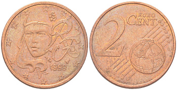 Франция 2 евроцента 1999 KM 1283 сталь плакированная медью 4614-716