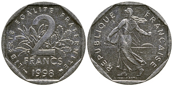 ФРАНЦИЯ 2 ФРАНКА 1998 СЕЯТЕЛЬ KM 942.1, LE FRANC 272.26 никель 51-4546