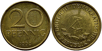 ГДР 20 пфеннигов 1969 А, первый год KM 11 латунь UNC 4397-351