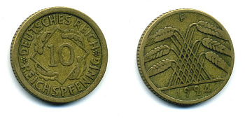 ГЕРМАНИЯ 10 РЕЙХСПФЕННИГОВ 1924 F KM 40, J. 317, Weege 9 алюминиевая бронза 54-531