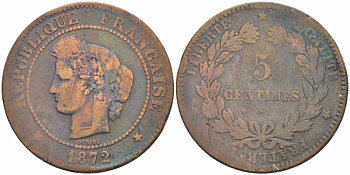 ФРАНЦИЯ 5 САНТИМОВ 1872 K, ТРЕТЬЯ РЕСПУБЛИКА (1871-1940) KM 821.2, LE FRANC 118.7 бронза 108-714