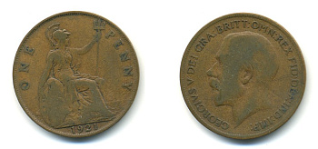 Великобритания 1 пенни 1921 Георг V (1910-1936) KM 810, Spink 4051 бронза 56-1232