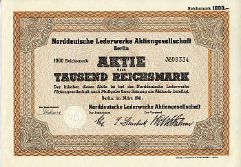 Германия 1000 рейхсмарок 1941 АО кожевенной промышленности Северной Германии, Берлин, акция   бумага  8804-115-1