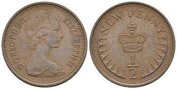 Великобритания 1/2 пенни 1971 Елизавета II (1952-2022) KM 914, Spink 4239 бронза 3309-1026