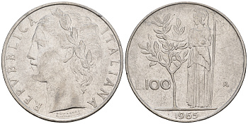 Италия 100 лир 1965 R, богиня Афина KM 96.1 нержавеющая сталь 259-146