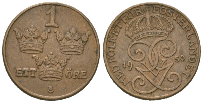 Швеция 1 эре 1950 Густав V (1907-1950) KM 777.2 бронза 4621-513