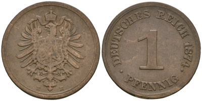 Германия 1 пфенниг 1874 E, Вильгельм I (1871-1888) KM 1, J. 1 медь 4387-1168