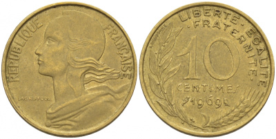 ФРАНЦИЯ 10 САНТИМОВ 1969 ТИП MARIANNE KM 929 медь алюминий никель 3309-1052