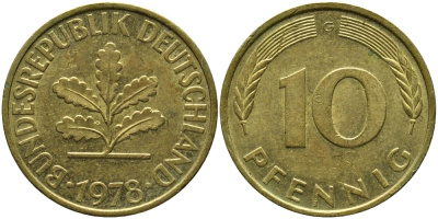 ФРГ 10 ПФЕННИГОВ 1978 G KM 108, J.383 сталь плакированная латунью 98-523
