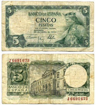 Испания 5 песет 1954 Альфонсо X, король Кастилии и Леона, дворец библиотек и музеев, Мадрид Pick 146 a бумага 2119-3-1-2