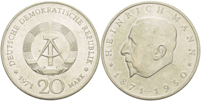 ГДР 20 марок 1971 А, 100 лет со дня рождения Генриха Манна (1871-1950) KM 33, J. 1531 медно-никель 4521-614