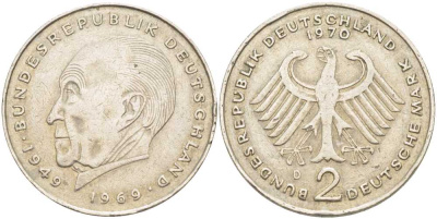 ФРГ 2 МАРКИ 1970 D, КОНРАД АДЕНАУЭР KM 124, J. 406 медно-никель плакированный никелем 57-347