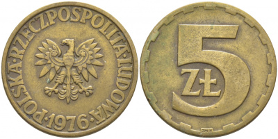 Польша 5 злотых 1976 монетный двор Ленинград (ЛМД) KM 81.1, Parchimowicz 221b латунь 3856-841