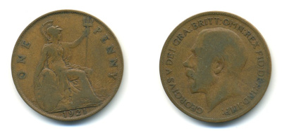 Великобритания 1 пенни 1921 Георг V (1910-1936) KM 810, Spink 4051 бронза 56-1232