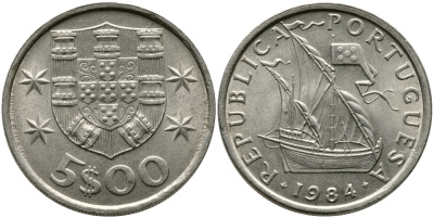 ПОРТУГАЛИЯ 5 ЭСКУДО 1984 ПАРУСНИК KM 591 медно-никель 65-1125