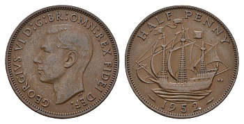 Великобритания 1/2 пенни 1952 Георг VI (1936-1952) KM 868, Spink 4118 бронза 4519-1132