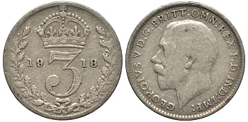 Великобритания 3 пенса 1918 Георг V (1910-1936) KM 813, Spink 4015 серебро 4528-463