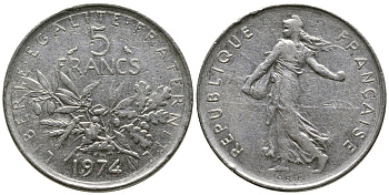 ФРАНЦИЯ 5 ФРАНКОВ 1974 СЕЯТЕЛЬ KM 926a.1, LE FRANC 341.6 медно-никель плакированный никелем 36-216