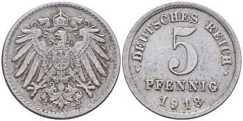 ГЕРМАНИЯ 5 ПФЕННИГОВ 1918 J KM 19, J. 297 железо 4516-723