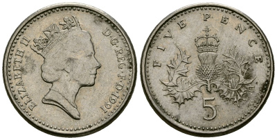 Великобритания 5 пенсов 1991 Елизавета II (1952-2022) KM 937b, Spink 4372 (D4) медно-никель 4173-1245