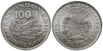 Индонезия 100 рупий 1978 хижина Минангкабау, легендарное дерево жизни KM 42 медно-никель UNC 176-1114